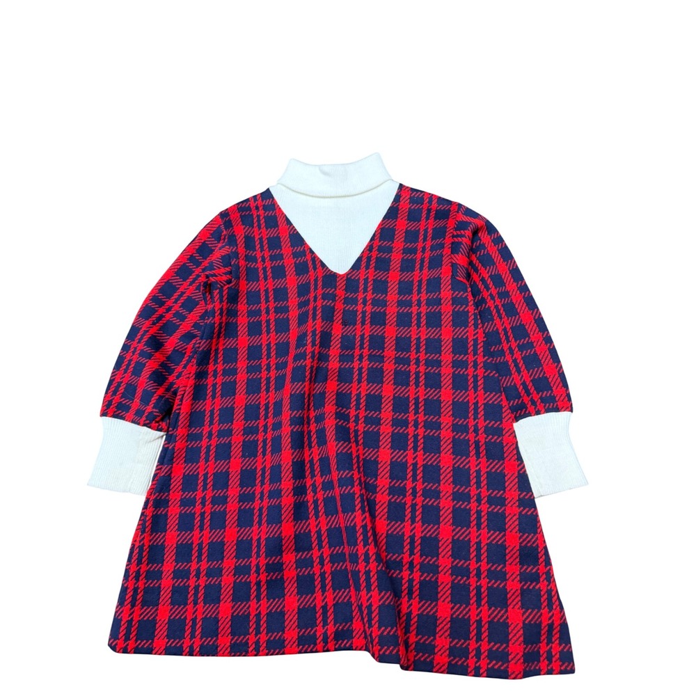 Florence‎ Eiseman Girls Red Navy Blue Plaid Mock Neck Knit Dress Size 4 Vintage